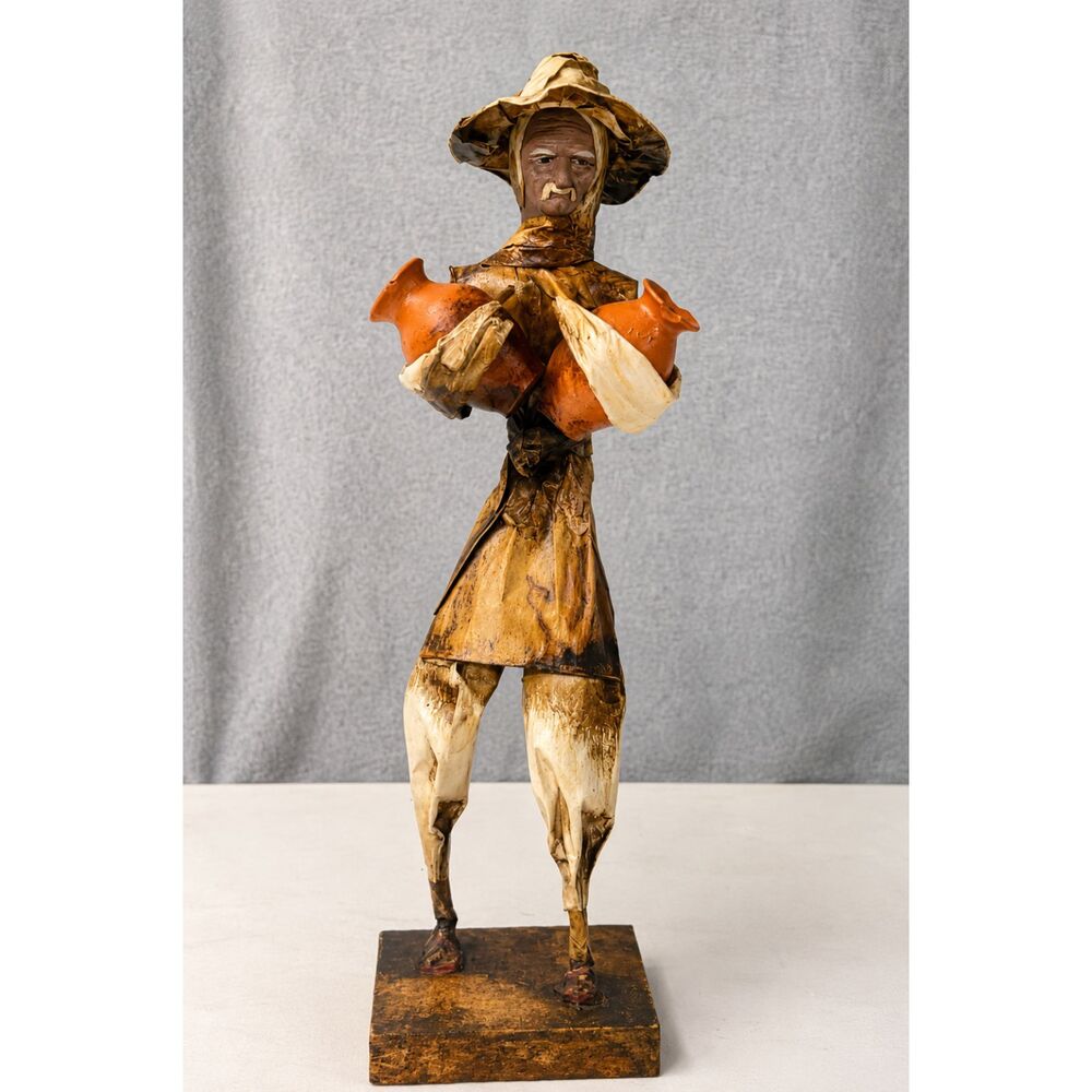 1970s Folk Art Paper Mache Water Carrier Sculpture Clay Pot Figurine 13"